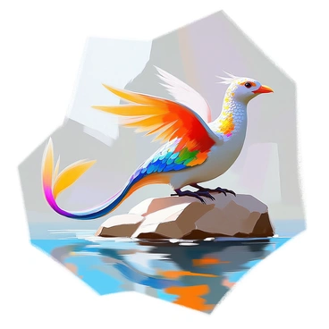 A fantastical creature with the body of a shimmering fish on one side, featuring iridescent scales in shades of blue and green. The other side transforms into that of a majestic bird, adorned with vibrant feathers in bright reds, yellows, and greens. The creature's long, flowing tail resembles that of a fish, gracefully undulating in the water, while its wings are elegantly spread, showcasing intricate patterns of feathers. The creature is positioned in a dynamic pose, half submerged in a clear blue water environment and half perched on a rocky outcrop, giving the impression of a seamless blend between two worlds.