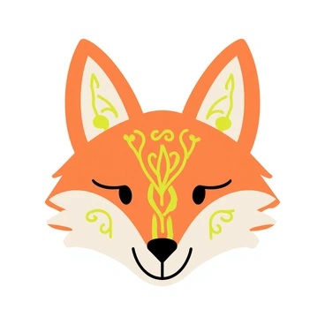 A fox head design featuring detailed, intricate patterns that fill the entire face. The patterns incorporate earthy colors like deep browns, rich oranges, and muted greens. The ears are pointed and defined, with swirling motifs extending from them. The eyes are bold and expressive, surrounded by smaller intricate designs. The snout is delicately shaped, complemented by additional patterns that flow seamlessly across the forehead and cheeks.