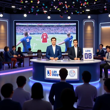 A modern sports news desk setup with a large LED screen displaying a montage of highlights featuring a retiring athlete. The presenter, a man with short brown hair wearing a crisp white shirt and a blue blazer, is sitting at the desk with a microphone in hand. The atmosphere is lively, with colorful confetti falling from above and a framed jersey of the athlete prominently displayed on the desk. The studio lighting is bright, creating an energetic ambiance, and the audience in the background is clapping and cheering in celebration.