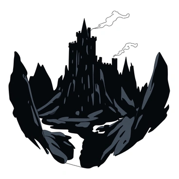 A dark fortress towers ominously in the center of the image, its high walls made of rough stone appearing formidable and uninviting. Surrounding the fortress, jagged cliffs rise sharply, their rocky surfaces casting deep shadows that add to the menacing atmosphere. The sky above is overcast, enhancing the fortress's intimidating presence against the darker hues of the cliffs. Small wisps of smoke rise from the top of the fortress, hinting at some mysterious activity within. The overall scene is filled with a sense of foreboding, emphasizing the fortress's isolation and power.