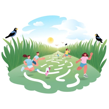 A cornfield maze with tall green stalks stretches across the landscape. Children are running through the paths of the maze, their laughter filling the air. The sun is shining brightly, casting warm light across the scene. Some children are wearing colorful t-shirts and shorts, while others are in hats to shield them from the sun. In the background, a bright blue sky with a few fluffy white clouds adds to the cheerful atmosphere. A few crows can be seen perched on the stalks, watching the children play.