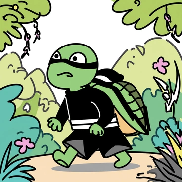 A cartoon turtle with a green shell and a determined expression is wearing a black ninja outfit, complete with a mask that covers its eyes. The turtle is moving cautiously through a lush jungle environment filled with various shades of green foliage. Large leaves and tall grasses surround the turtle, creating a natural camouflage. Sunlight filters through the canopy, casting dappled shadows on the ground. In the background, there are hints of colorful flowers and vines, adding vibrancy to the scene. The turtle's posture is low to the ground, showcasing its stealthy movement as it navigates the jungle.