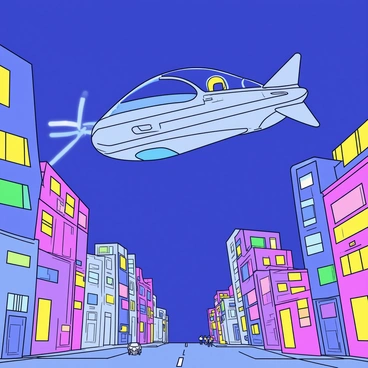A futuristic flying bike with sleek lines and a shiny metallic surface is soaring through the sky. The bike has glowing blue accents along its body and is equipped with visible thrusters underneath. Below, a bustling city is detailed with tall buildings that have vibrant neon lights in various colors, such as pink, green, and purple. The city streets are busy with tiny figures moving about, and some windows of the buildings are illuminated, enhancing the lively atmosphere. The sky is a deep twilight blue, contrasting with the bright city lights.