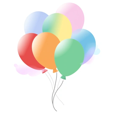 A cluster of balloons floats against a clear sky. Each balloon is a distinct color from the color wheel, showcasing vibrant shades of red, orange, yellow, green, blue, indigo, and violet. The balloons are tethered together with string, gently swaying in the breeze. The sunlight casts a soft glow on the balloons, enhancing their bright colors.