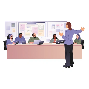 A training session is in progress with an instructor leading a group of diverse participants. The instructor, a woman with short brown hair wearing a blue shirt and black trousers, is standing at the front, gesturing widely as she explains a concept. The participants, a mix of men and women with varying skin tones, are seated at a long, rectangular table with laptops open in front of them. Each participant is focused and taking notes. The room is bright, with large windows letting in natural light and several motivational posters on the walls. A whiteboard filled with diagrams and notes is positioned behind the instructor, enhancing the educational atmosphere.