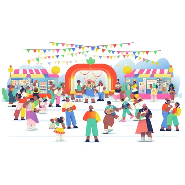A lively festival scene is set in a large, open area filled with colorful booths representing various global cultures. Each booth features vibrant decorations and displays of traditional crafts and foods from different countries. People of diverse backgrounds are gathered around, engaging in conversations and exploring the offerings. In the center, a stage hosts dynamic dance performances with performers wearing elaborate traditional costumes, showcasing their cultural heritage. Surrounding the stage, musicians play a variety of instruments, filling the air with international music. Bright banners and flags are strung overhead, adding to the festive atmosphere, while a group of children is seen dancing joyfully nearby.