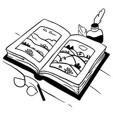 An open old book resting on a wooden table, the pages yellowed with age. The book displays a detailed lithographic illustration of a landscape scene featuring rolling hills and a winding river. The illustration captures intricate line work, showcasing trees and delicate clouds in the sky. A pair of reading glasses lies beside the book, adding to the scholarly atmosphere. In the background, a faint shadow of a quill and an ink bottle can be seen, suggesting a writer’s space.