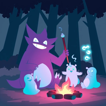A Gengar with a mischievous grin, its purple body glowing slightly in the dim light, sits on the ground. It leans in close to a small campfire, where the flames flicker and cast dancing shadows. Surrounding the fire, there are several curious ghost-type Pokémon with wide, attentive eyes. The ambiance is enhanced by the surrounding dark forest, with tall trees silhouetted against the night sky. Gengar holds a stick, gesturing animatedly as it recounts spooky tales, while wisps of smoke curl up from the fire. In the background, faint ghostly apparitions can be seen, adding to the eerie atmosphere.