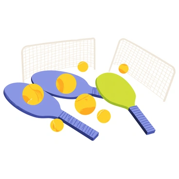 A colorful arrangement of pickleball paddles, balls, and nets laid out on a flat surface. The paddles are displayed in various shades of blue, green, and yellow, featuring textured grips and distinctive shapes. Several bright yellow pickleballs, with holes and a slightly shiny surface, are scattered around the paddles. Two lightweight nets, with a white mesh design, are positioned at either end, ready for a game. The overall composition showcases the equipment in a playful and organized manner, inviting a sense of fun and competition.