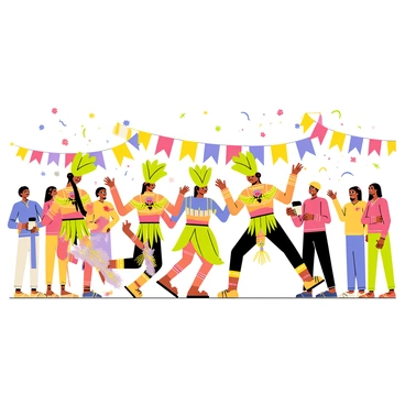 A vibrant festival scene filled with excitement and color. Several dancers are dressed in elaborate costumes resembling "Quetzalcoatl," featuring bright green feathered headdresses and intricate patterned garments. The dancers are moving energetically, showcasing traditional dances. Surrounding them are colorful decorations, including banners with "ancient symbols" and "flowers." In the background, onlookers are cheering and enjoying the festivities, while vibrant confetti fills the air, adding to the joyful atmosphere.