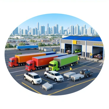 A car freight terminal located in a bustling city filled with modern skyscrapers and busy streets. In the foreground, several large transport trucks are parked in designated loading zones. Each truck has a different color, including red, blue, and green, and they are in the process of being loaded with vehicles. Workers in safety vests can be seen interacting with equipment, unloading cars from a nearby ramp and organizing them onto the trucks. There are also large shipping containers stacked nearby, and bright signage indicating the terminal's name and operational hours. In the background, the city skyline rises prominently against a clear blue sky.