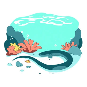 A teal eel is gracefully coiled on the sandy bottom of a lagoon, its sleek body glistening in the sunlight. Surrounding the eel are vibrant coral formations, providing a natural habitat filled with shades of orange and yellow. Small fish swim nearby, darting between the colorful corals. Bubbles gently rise to the surface, indicating the warmth of the tropical waters enveloping the scene. The light filtering through the water creates a shimmering effect, enhancing the serene atmosphere of the lagoon.