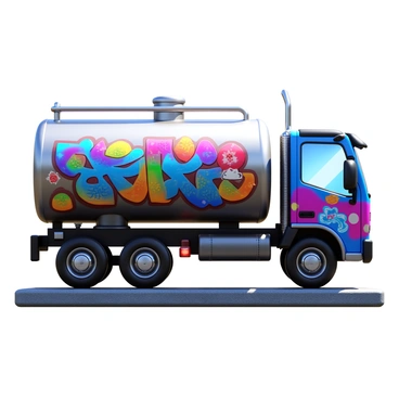 A fuel truck with a large, metallic tank. The tank is covered in colorful graffiti featuring intricate designs, bright colors, and bold patterns. The truck has chrome accents and large wheels. The background shows an urban environment with a concrete surface. Sunlight reflects off the truck's surface, enhancing the vividness of the graffiti.