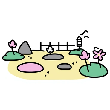 A tranquil zen garden featuring a variety of smooth, rounded stones arranged in a harmonious pattern across the sand. Interspersed among the stones are delicate, blooming flowers in shades of pink and white, adding vibrant color to the landscape. The garden is enclosed by a low wooden fence, and green moss covers some areas of the ground, enhancing the peaceful atmosphere. A small stone lantern stands in one corner, casting gentle shadows on the sand.