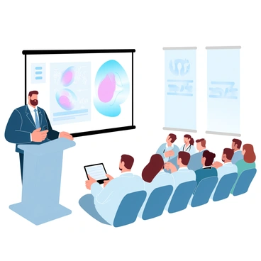 A speaker stands confidently at a podium in a conference hall, holding a remote control in one hand. The speaker is dressed in a professional suit and appears engaged with the audience. Behind the speaker, a large screen displays a detailed slide showing diagrams of the new surgical technique, highlighted with vibrant colors. The audience consists of various medical professionals attentively watching, some taking notes on laptops. The conference hall is filled with rows of chairs, and banners with medical logos are visible in the background.