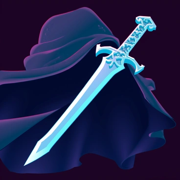 A beautifully carved dagger with an intricate hilt and a gleaming blade. The hilt features ornate designs, possibly depicting mythical creatures or floral patterns. The dagger is partially concealed beneath a dark, flowing cloak, which has a rich texture and subtle folds that suggest movement. The cloak's fabric appears to be heavy and luxurious, contrasting with the sleek elegance of the dagger. The setting is dimly lit, highlighting the dagger’s polished surface and casting faint reflections on the cloak.