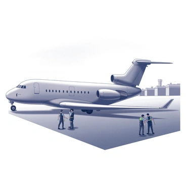 An aeroplane parked on a tarmac. The aircraft is large, with prominent wings and a fuselage glistening in the early light. A maintenance crew is gathered nearby, consisting of several individuals wearing uniforms and safety vests. They are focused on inspecting the aircraft, with some individuals carrying tools and equipment. The sky is transitioning from dark to light, showing the beginnings of sunrise, and the silhouettes of distant hangars can be seen in the background. The scene captures a moment of preparation and teamwork.