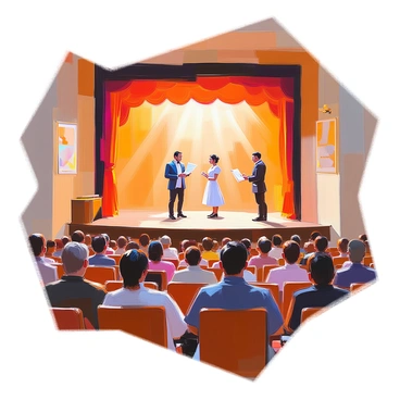A theater annex featuring a stage where actors are rehearsing. On the stage, there are three actors dressed in period costumes, one holding a script and the others in dynamic poses, as if performing a scene. The lighting is warm and focused on the performers, creating a spotlight effect. In the foreground, a diverse audience is gathering, some sitting in rows of wooden seats while others stand and chat, looking excited and engaged. The walls of the annex are adorned with framed posters of past performances, adding to the atmosphere of the space.