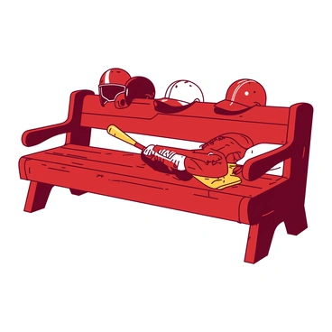 A red wooden bench is positioned in an open area, showcasing a collection of baseball gear. On the bench, there are several baseball gloves, each made of different textures, some appearing worn while others look new. Next to the gloves, there are multiple bats made of shiny wood, their surfaces gleaming. A few helmets are placed atop the bench, featuring various colors and designs, with their face guards shining. The entire arrangement creates a vibrant and organized display of baseball equipment.