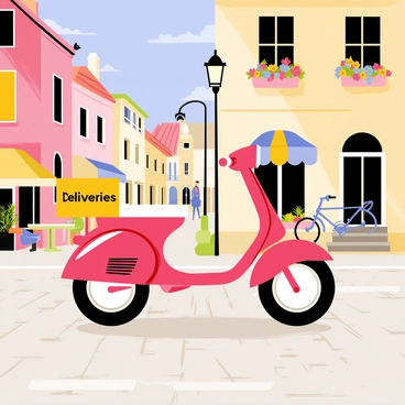 A vintage-style moped with a glossy red frame and a white seat is riding along a cobblestone street. The moped features a small delivery box attached to its back, painted in bright yellow with "Deliveries" written in bold black letters. The quaint European village is filled with charming houses painted in pastel colors, each with flower boxes overflowing with colorful blooms. A couple of pedestrians stroll along the street, while a small café with outdoor tables is visible in the background. A few birds are perched atop the café's awning, and a bicycle leans against a nearby lamppost. The sky is clear and blue, casting a warm light over the scene.
