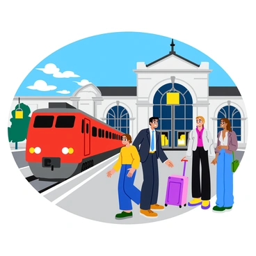 Travelers standing on the platform of a historic railway station in Caen. The station features classic architectural elements with large, arched windows and decorative stonework. A bright red train is approaching, its wheels glinting in the sunlight. The travelers include a family with luggage, a business person in a suit, and a couple holding hands. They are all gazing towards the incoming train with expressions of anticipation. Vintage signs hang from the station structure, adding to the nostalgic atmosphere. The sky above is clear and bright, enhancing the lively scene.