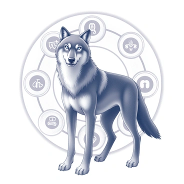A majestic animal spirit guide stands in a powerful pose. The figure resembles a strong wolf, with a detailed fur texture and fierce, wise eyes. The background features a series of circular patterns representing chakras, each symbol intricately designed to convey energy and alignment. The wolf exudes an aura of strength and wisdom, with its head held high and ears perked, as if it is attuned to the energies surrounding it. The overall composition highlights the connection between the animal and the spiritual energy represented by the chakra symbols.