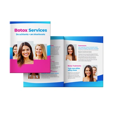 A colorful brochure for Botox services featuring a sleek design. The front cover displays the text "Botox Services" in bold letters. There are high-resolution photos of happy clients smiling, showcasing their rejuvenated appearances. The background includes vibrant colors that attract attention. Inside the brochure, there are sections detailing the benefits of Botox treatments, accompanied by additional client photos and testimonials. The layout is clean and inviting, designed to engage potential clients effectively.