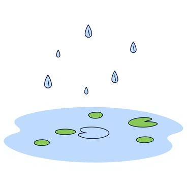 Raindrops falling from a gray overcast sky. Each droplet hits the surface of a calm pond, creating distinct, circular ripples that expand outward. The pond's surface reflects the soft light of the surroundings, with a few green lily pads scattered.