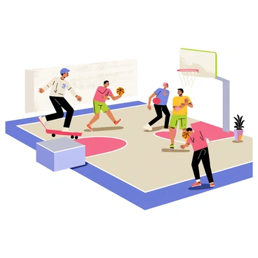 A skateboarder with a blue helmet and a red skateboard is performing an ollie in mid-air over a concrete barrier. In the background, several players in colorful jerseys are engaged in a game of basketball on a court made of asphalt. Two players are dribbling the basketball while another player prepares to make a shot. A graffiti-covered wall is visible in the background, adding urban detail to the scene. The sun casts distinct shadows on the court, highlighting the dynamic motion of the skateboarder and the players.