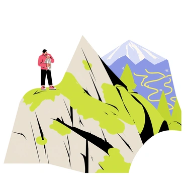 A rugged mountain peak with rocky terrain and patches of green grass. A person wearing a bright red jacket is standing at the top, holding a shiny silver metal flask to their lips while gazing out over a vast valley below. The valley is filled with lush trees and winding paths, set against a backdrop of distant mountains under a clear blue sky. The sunlight casts shadows on the rocks, highlighting the contours of the landscape.