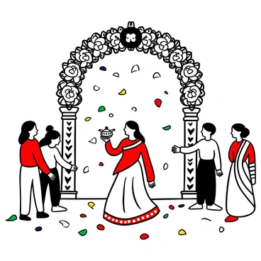 A Bengali bride dressed in a traditional red and white saree is walking gracefully beneath an elaborate floral canopy. The canopy is adorned with intricate designs made from various flowers and greenery. The bride holds a beautifully crafted traditional pot in one hand, symbolizing her cultural heritage. Colorful flower petals are scattered on the ground, leading up to the entrance. Friends and family members, dressed in traditional attire, stand on either side of the pathway, showering her with more flower petals as she approaches. The atmosphere is filled with joy and celebration.