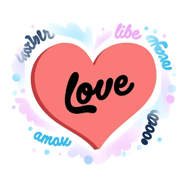 A large heart is at the center of the image, surrounded by various words for "love" written in different languages. Each word is displayed in a distinct font and color, making it visually striking. The languages include "amor" in Spanish, "aimer" in French, "liebe" in German, "amour" in Italian, and "愛" in Japanese. Each language label is positioned around the heart, creating a harmonious composition filled with vibrant letters and symbols. The overall tone is warm and inviting, emphasizing the universal nature of love.