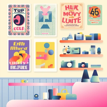 A collection of retro illustration posters is displayed on the walls of a stylish shop. The posters feature vibrant colors and bold typography, showcasing various vintage designs such as classic advertisements and art deco patterns. The walls are painted a soft pastel hue, enhancing the appeal of the posters. Below the posters, wooden shelves are filled with unique items that complement the retro theme, including vintage cameras and decorative trinkets. The shop has a warm ambiance, with soft lighting illuminating the art on the walls.