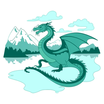 A teal dragon with iridescent scales is spiraling gracefully above a white lake. The dragon's wings are outstretched, showcasing intricate patterns, while its long tail trails behind. Below, the lake reflects the surrounding landscape, creating a mirror-like surface. In the background, misty white mountains rise majestically, partially obscured by swirling clouds. The scene captures the grandeur of the dragon contrasted against the calmness of the lake and the ruggedness of the mountains.