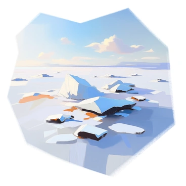 An aerial view showcasing the stark, icy beauty of the Arctic tundra. The landscape is covered in a thick blanket of white snow, creating a smooth, undulating surface. Jagged ice formations emerge sporadically, glistening under the bright sunlight. Patches of darker rocks and frozen soil can be seen peeking through the snow in various areas. The horizon stretches wide, revealing a vast expanse of frozen terrain under a clear blue sky, with soft, wispy clouds scattered above.