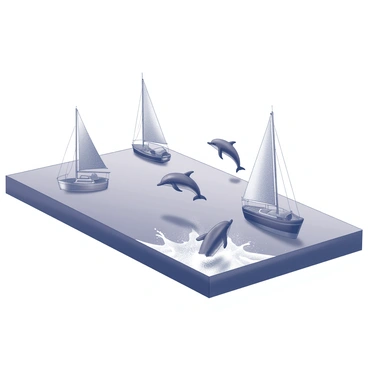 A flat surface representing the Earth, with a vast ocean extending across it. The ocean features several sailboats, each with distinct sails billowing in the wind. Playful dolphins are leaping out of the waves, creating splashes as they emerge. The scene conveys a sense of movement and liveliness, with the boats and dolphins interacting with the water.