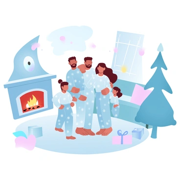 A family of four is gathered in a cozy living room on Christmas morning. They are wearing matching festive pajamas with a colorful holiday pattern featuring snowflakes and Christmas trees. The parents are standing with their two children, smiling with joy. In the background, a decorated Christmas tree glows with twinkling lights and colorful ornaments. Wrapped presents are scattered around the base of the tree, adding to the festive atmosphere. A warm fire crackles in the fireplace, enhancing the scene of togetherness and celebration.