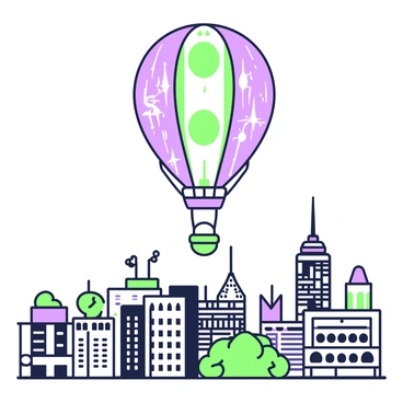 A balloon shaped like a sphere is floating high above a cityscape. The balloon is crafted entirely from various currency notes, showcasing intricate designs and patterns. Below the balloon, a sprawling city is visible, featuring tall buildings with windows reflecting the sunlight. Some buildings have antennas and rooftops adorned with greenery. The horizon is dotted with a mix of residential and commercial structures. The sky is clear, providing a vast backdrop for the balloon's ascent above the urban landscape.