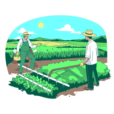 A group of farmers is attentively monitoring a drip irrigation system in a green field filled with various crops. The irrigation tubes are laid out along the rows of plants, with small droplets of water visibly dripping onto the soil. The farmers, wearing wide-brimmed hats and working gloves, stand beside the system, checking the emitters and adjusting the settings. In the background, there are large fields stretching out under a clear blue sky. The sun is shining brightly, creating a vibrant atmosphere in the agricultural landscape.