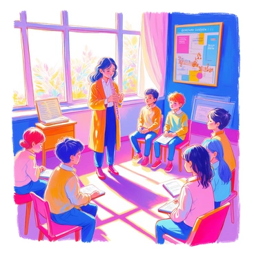 A music teacher stands in front of a small group of curious students in a bright classroom. The teacher is holding a silver flute, demonstrating the correct posture and hand placement. The students, a diverse group of children with varying hair colors and styles, are sitting attentively on wooden chairs with notebooks and pencils in front of them. Sunlight streams in through large windows, illuminating sheet music laid out on a nearby music stand. On the walls, colorful posters of musical notes and famous composers can be seen.