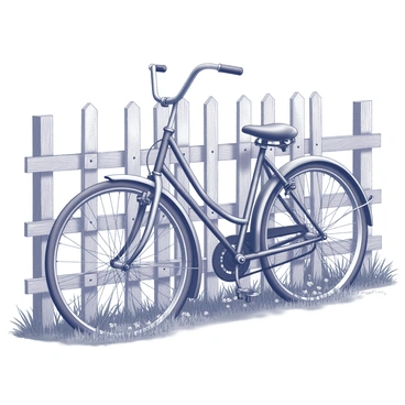 An old-fashioned bicycle is leaning against a rustic wooden fence. The bicycle features a large front wheel and a smaller rear wheel, with a classic frame design and handlebars that curve elegantly. The fence is made of weathered wooden planks, with some gaps between the slats, showing its rustic charm. The background includes a hint of tall grass and wildflowers growing around the base of the fence, enhancing the pastoral setting. The overall composition emphasizes the nostalgic aspect of the scene, with intricate details in the bicycle's mechanics and the texture of the wooden fence.