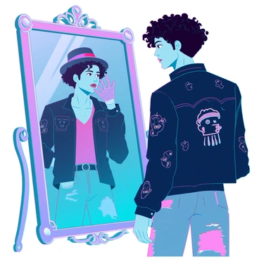 A male figure with dark curly hair, wearing a signature sequined jacket and faded jeans, stands in front of a large ornate mirror. He gazes intensely at his reflection, which depicts two versions of himself: one as a young, energetic performer with a fedora and a sparkling glove, and the other as a mature artist with a thoughtful expression. The background is a dimly lit room with soft ambient light highlighting the contrast between the two reflections. The mirror frame is embellished with intricate designs, adding a touch of elegance to the scene.