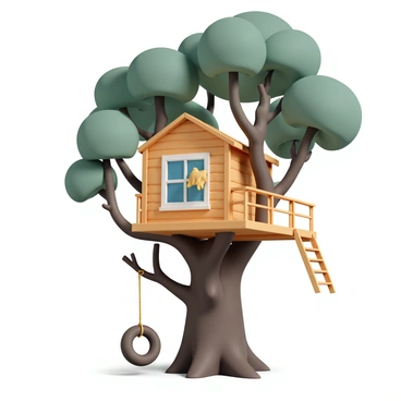 A cozy treehouse, made of wood with a warm, rustic finish, is nestled securely among the thick branches of a large tree. The treehouse has a small porch with a railing and a sturdy wooden ladder leading up to it. A tire swing hangs from one of the lower branches, swaying gently in the breeze. The window of the treehouse is adorned with bright, cheerful curtains that billow slightly, adding a touch of color. Sunlight filters through the leaves above, casting soft shadows on the wooden floor.
