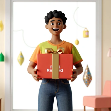 A person with light brown skin and short curly hair is standing in a well-lit room, wearing a colorful t-shirt and jeans. They have a big smile on their face as they hold a gift box in both hands. The gift box is wrapped in bright red paper with a shiny gold ribbon on top. The words "Referral Reward" are prominently displayed on the front of the box in bold, white letters. There are festive decorations in the background, adding to the cheerful atmosphere.