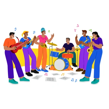 A group of five musicians is gathered in a bright room, energetically sharing their instruments. One musician plays a vibrant red guitar, while another strums a shiny blue ukulele. A third person is seen with a saxophone, its polished brass surface catching the light. A drummer is seated at a colorful drum set, surrounded by various percussion instruments. Sheet music with colorful notes is scattered across the floor, reflecting their lively jam session. Each musician is smiling, fully immersed in the rhythm, creating a joyful atmosphere.