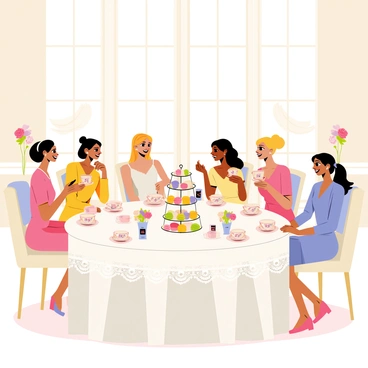 A bridal party seated around a beautifully set round table in an elegant hotel dining room. The table is adorned with a delicate lace tablecloth, fine china tea sets with floral patterns, and a tiered cake stand filled with assorted pastries and macarons. The bridal party is dressed in pastel-colored dresses, with the bride wearing a stunning white gown. Floral centerpieces featuring peonies and roses are arranged in elegant vases. Soft sunlight streams through large windows, illuminating the cheerful atmosphere as the ladies enjoy their tea and engage in joyful conversation.