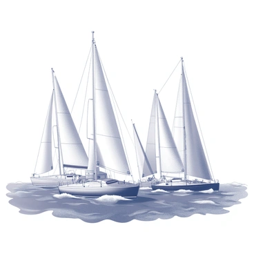 Several yachts are sailing close to each other in an ocean race. The yachts have white sails billowing in the wind, catching the sunlight. Each yacht is designed with distinct features, including varying hull shapes and sizes. The choppy waves create a dynamic environment as the boats slice through the water. In the background, a clear sky meets the horizon, contributing to the sense of competition. The scene captures the intensity and excitement of the race among the yachts.