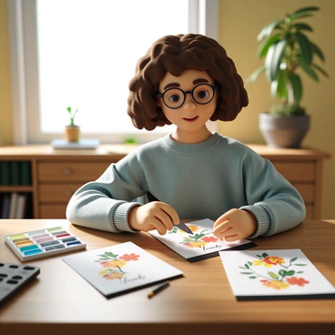 An illustrator with short, curly brown hair is sitting at a wooden desk, focused on writing a thank-you note. She is wearing a cozy, light blue sweater and has round glasses perched on her nose. The colorful card features a whimsical design with flowers and leaves in vibrant shades of red, yellow, and green. She holds a black pen in her hand as she carefully writes the message inside the card. On the desk, there are various art supplies, including markers, watercolor paints, and a few small sketches, creating a creative atmosphere. A warm light from a nearby window illuminates the scene.