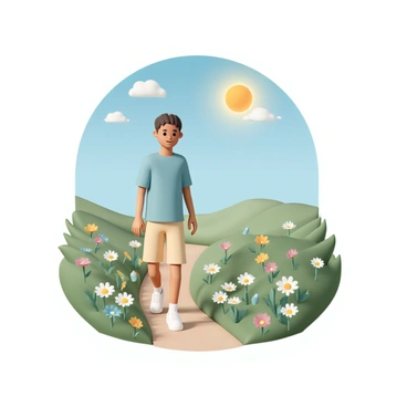 A person, wearing a light blue shirt, beige shorts, and white sneakers, is walking along a path in a blooming meadow. The person has short brown hair and a content expression, taking in the vibrant surroundings. Colorful wildflowers, including daisies and poppies, are scattered throughout the lush green grass, swaying gently in the breeze. The sun is shining brightly, illuminating the scene and creating a warm atmosphere, while a few fluffy clouds float in the clear blue sky.