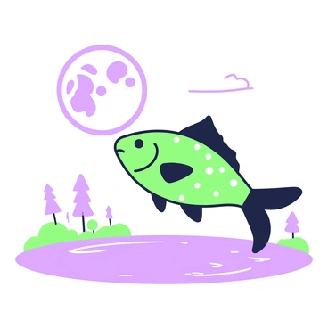 A mystical fish is leaping gracefully above the surface of a calm body of water. The fish's scales shimmer as it catches the moonlight. Above, a full moon is prominently displayed, casting a soft glow across the scene. The moon’s reflection ripples gently on the water's surface, enhancing the magical atmosphere. Surrounding the water are faint outlines of distant trees, barely visible in the dim light.